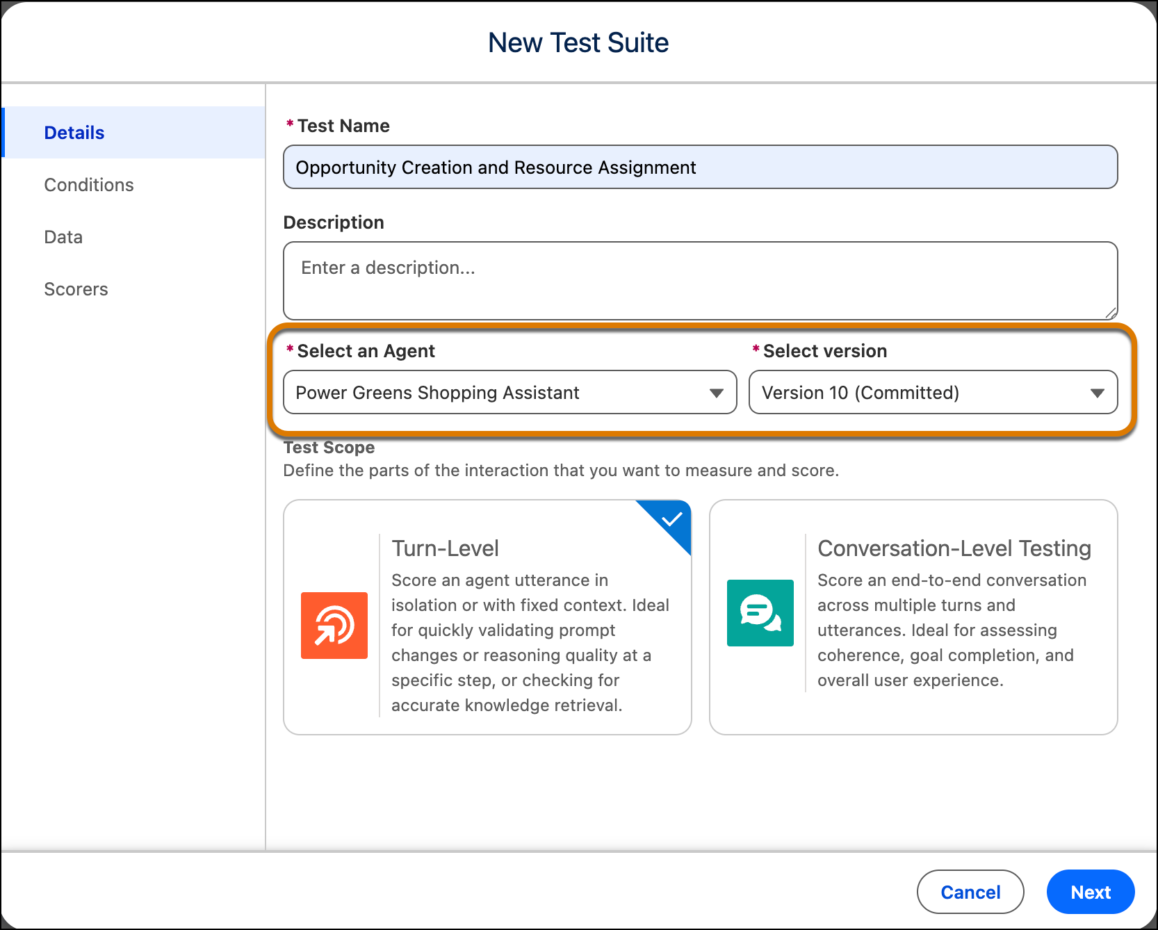 A new test suite with the agent version selector highlighted.
