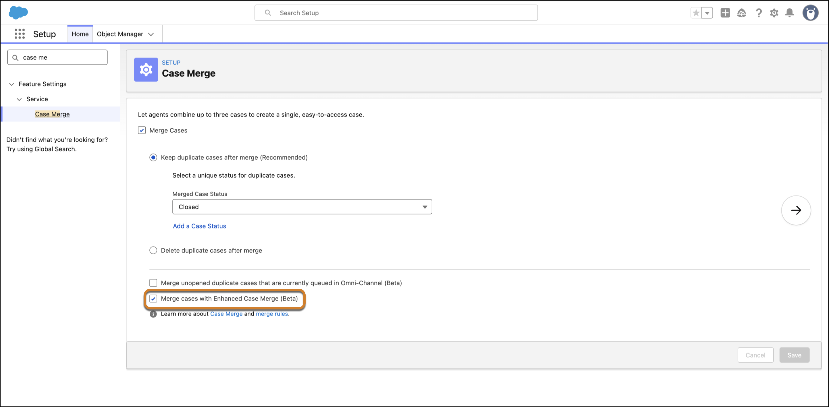 The Merge Cases with Enhanced Case Merge checkbox on the Case Merge Setup page