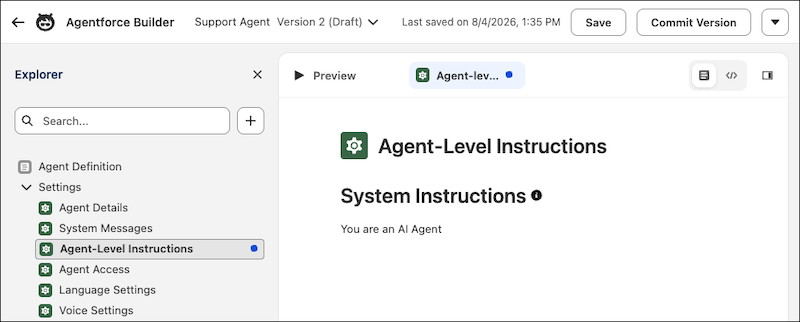 The Agent-Level Instructions page in Canvas view