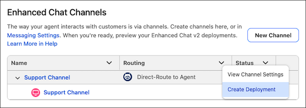 Enhanced Chat Channels table with the menu showing the Create Deployment option.