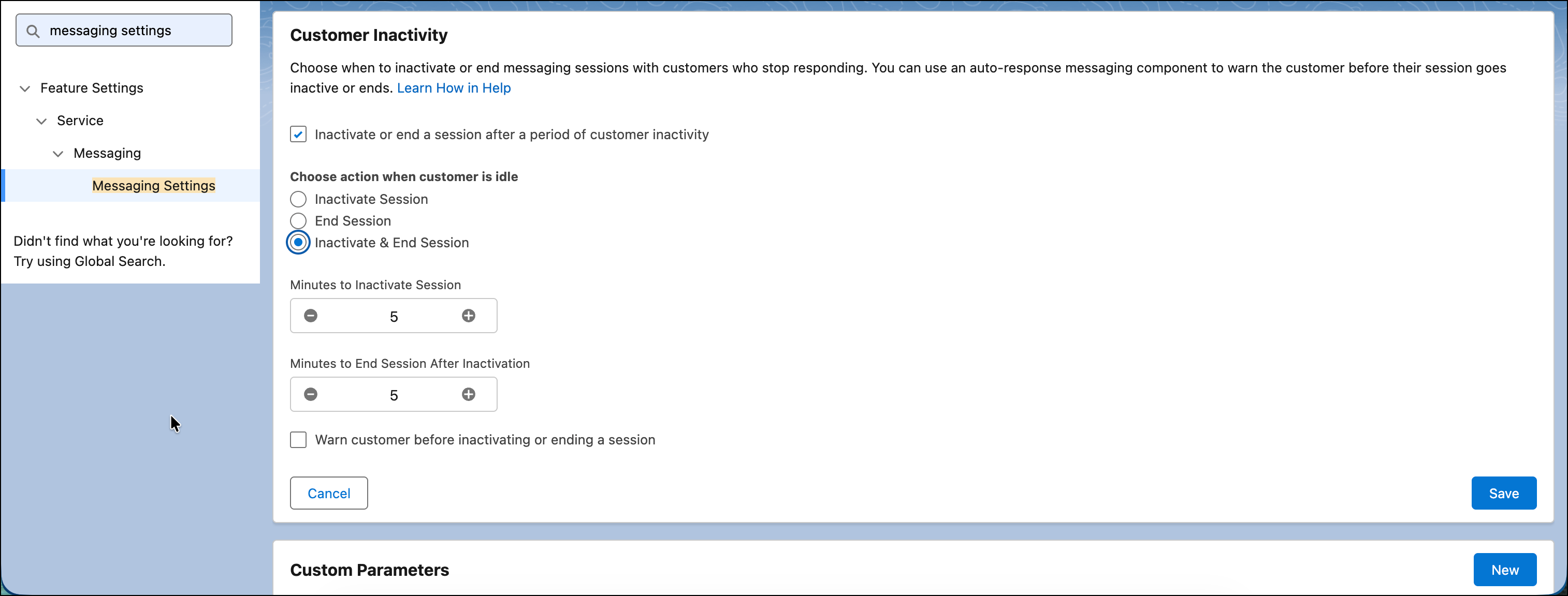 Messaging Settings page open to the Customer Inactivity section of a messaging channel.