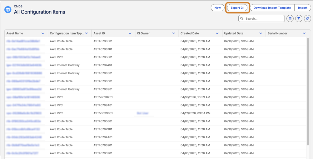 Export CI option in All Configuration Items