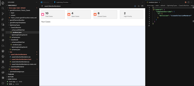A Visual Studio Code (VS Code) workspace with side-by-side panels. One panel shows the Lightning Preview of the custom renderer, displaying a task board with metrics for Total, Open, Closed, and High Priority cases. The adjacent panel shows the renderer.json file configured to override the component definition.