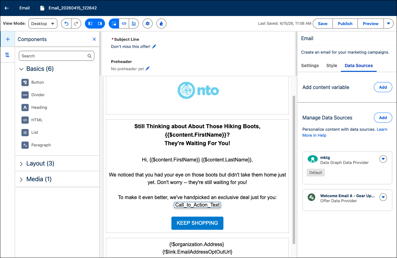 An example email in the email builder with an offer data source displayed in the properties panel