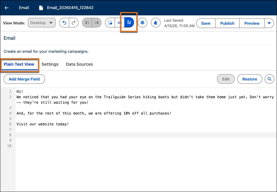 An example plain text email in the email builder with the plain text toggle button highlighted at the top of the canvas