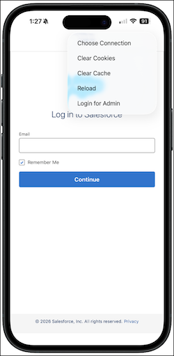 The Login for Admin option on the Salesforce mobile app log in screen.