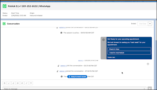 A Service rep's view of a WhatsApp Template configured as a notification messaging component with rich content displayed.