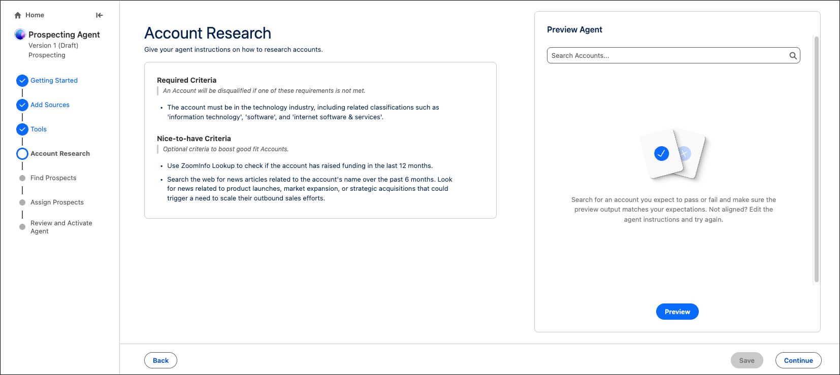 The new Account Research page in the guided setup experience for Prospecting agent.