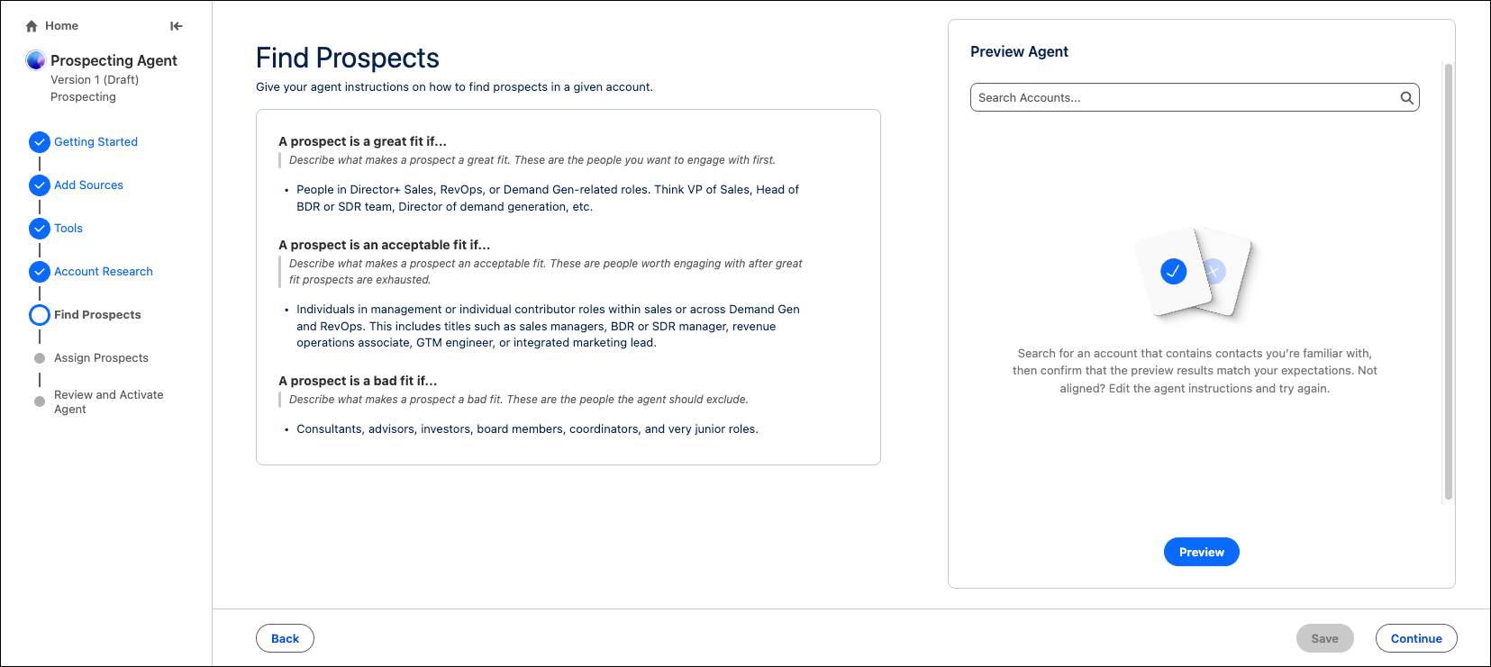 The new Find Prospects page in the guided setup experience for Prospecting agent.