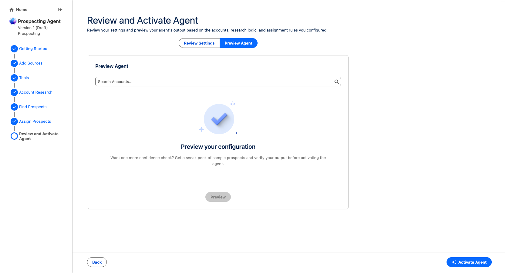 The new Review and Activate page in the guided setup experience for Prospecting Agent.