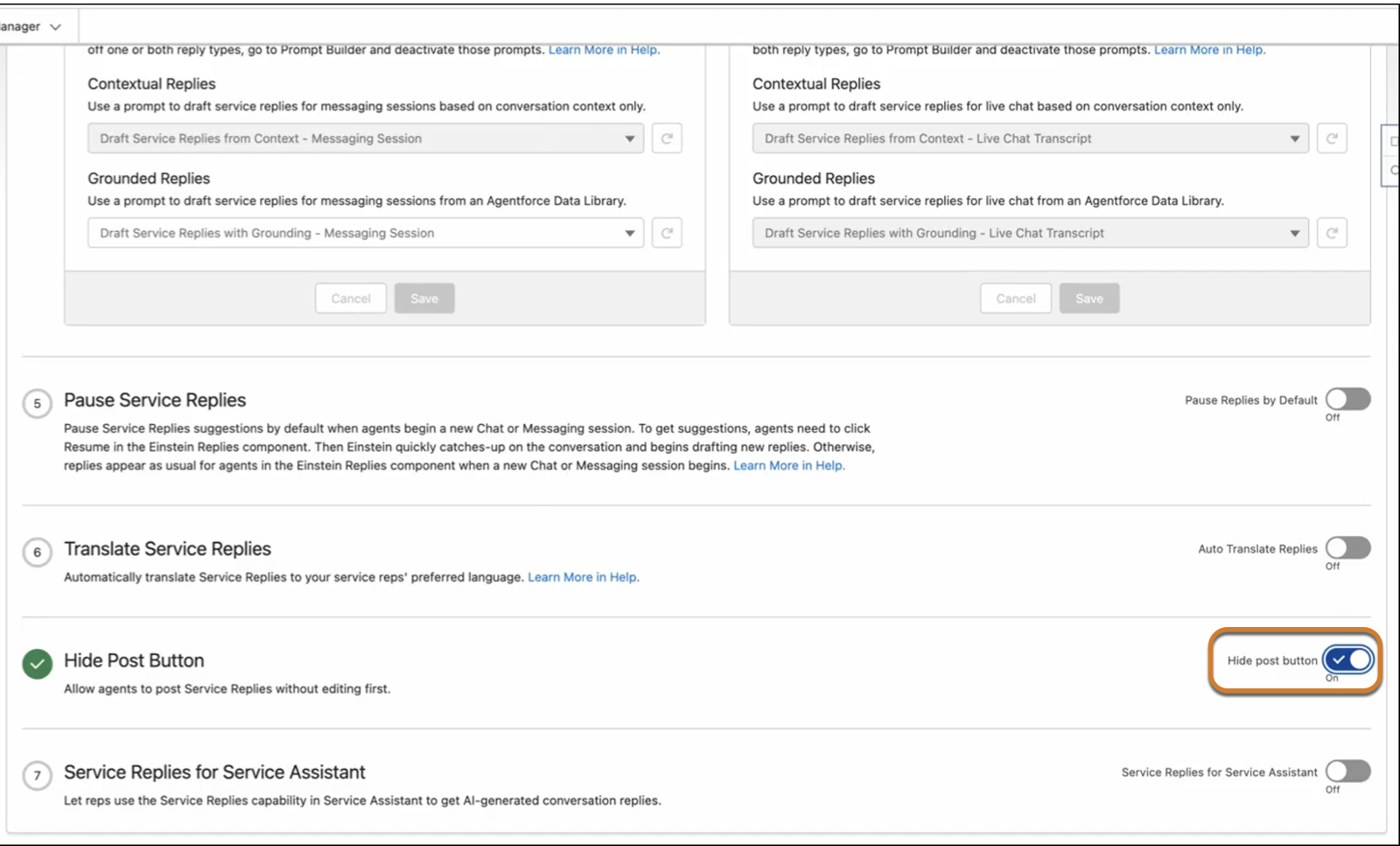 The Setup page for Service Replies, with the Hide Post Button toggle enabled.