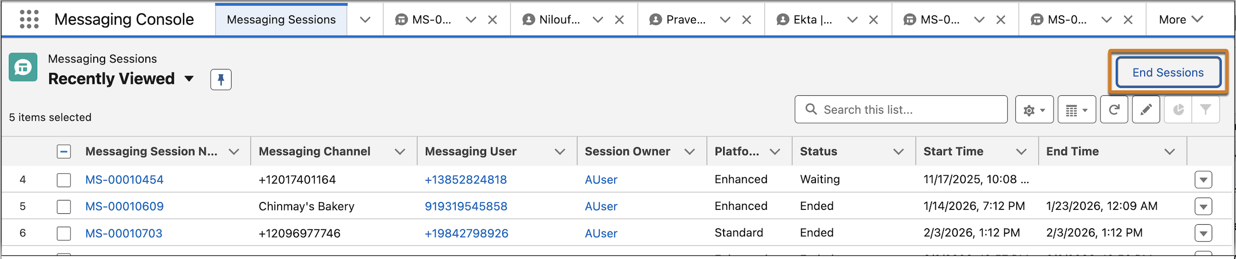 List view with the End Sessions button highlighted.