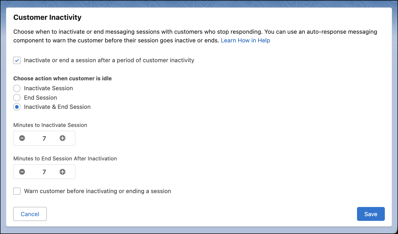 Customer Inactivity section of the Messaging Settings page for an Enhanced Chat channel with Inactivate & End radio button highlighted.