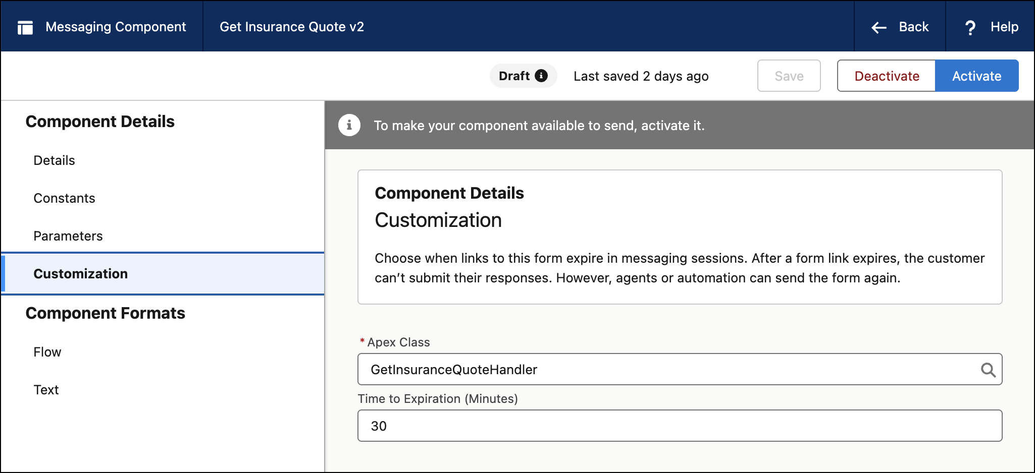 Customization page of the Messaging Component builder with the Time to Expiration field filled out.