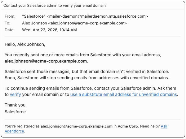 Email with the subject line: "Contact your Salesforce admin to verify your email domain."