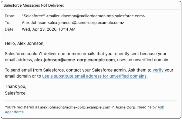 Email with the subject line: "Salesforce Messages Not Delivered."