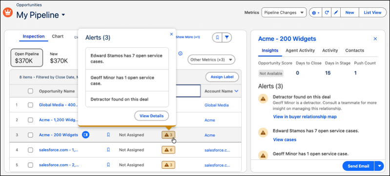 The Alerts column in Pipeline Inspection showing the top three alerts for an opportunity. The Insights tab in the side panel shows details about each alert.