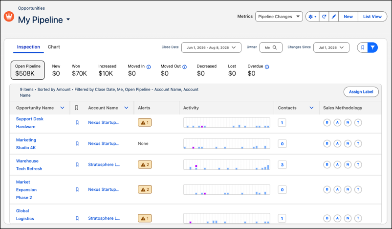 Pipeline Inspection list view showing the new Alerts, Contacts, Activity, and Sales Methodology columns.
