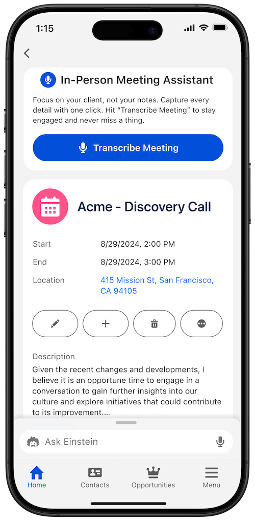Mobile image with In-Person Meeting Assistant displayed
