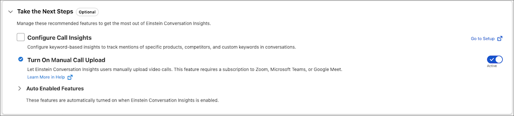 Salesforce Go setup page for ECI to turn on manual transcript upload