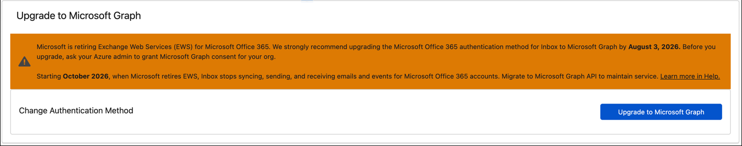 Inbox setting where you start the Microsoft Graph migration process.