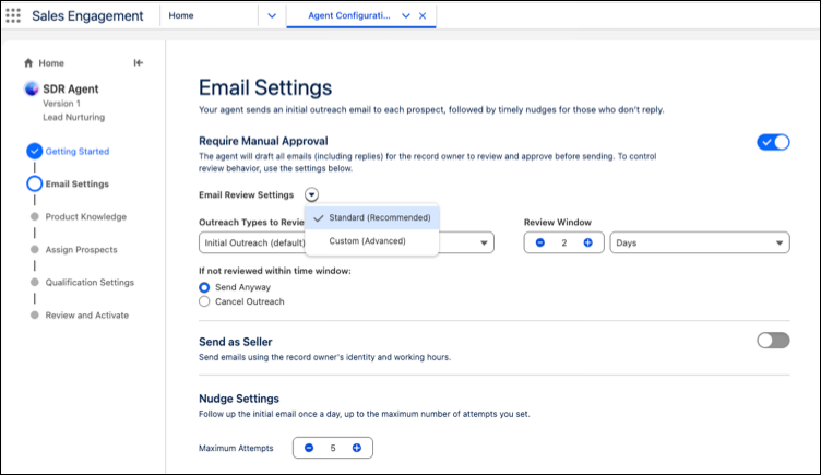 The Require Manual Approval settings for Lead Nurturing agents.