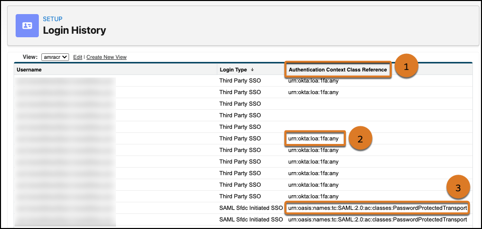 Login History with the new Authentication Context Class Reference column highlighted