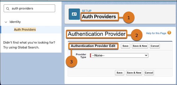 Authentication provider Setup page with new headings