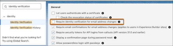 Identity Verification page in Setup with "Require identity verification for email address changes" setting highlighted