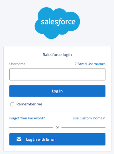 Salesforce login page showing username field and Log In button