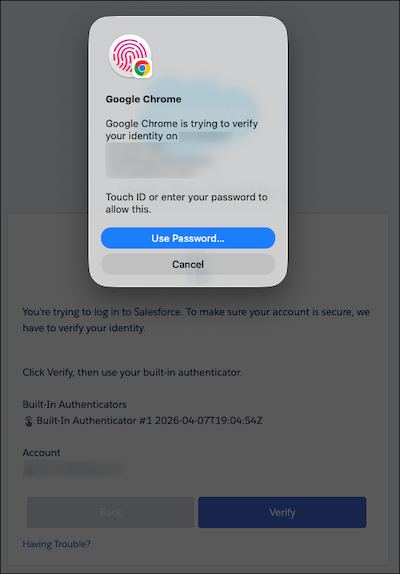 Verify Your Identity page showing passkey authentication prompt for built-in authenticator