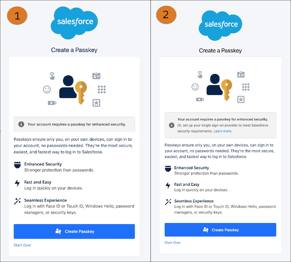 Create a Passkey pages for privileged users who log in to Salesforce directly and via single sign-on