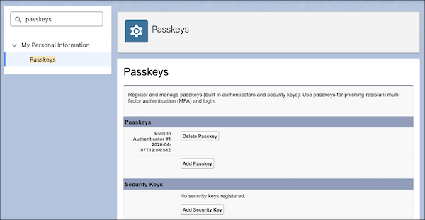 Passkeys page in Personal Settings