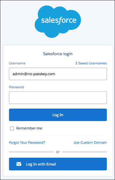 Salesforce login page showing both username and password fields