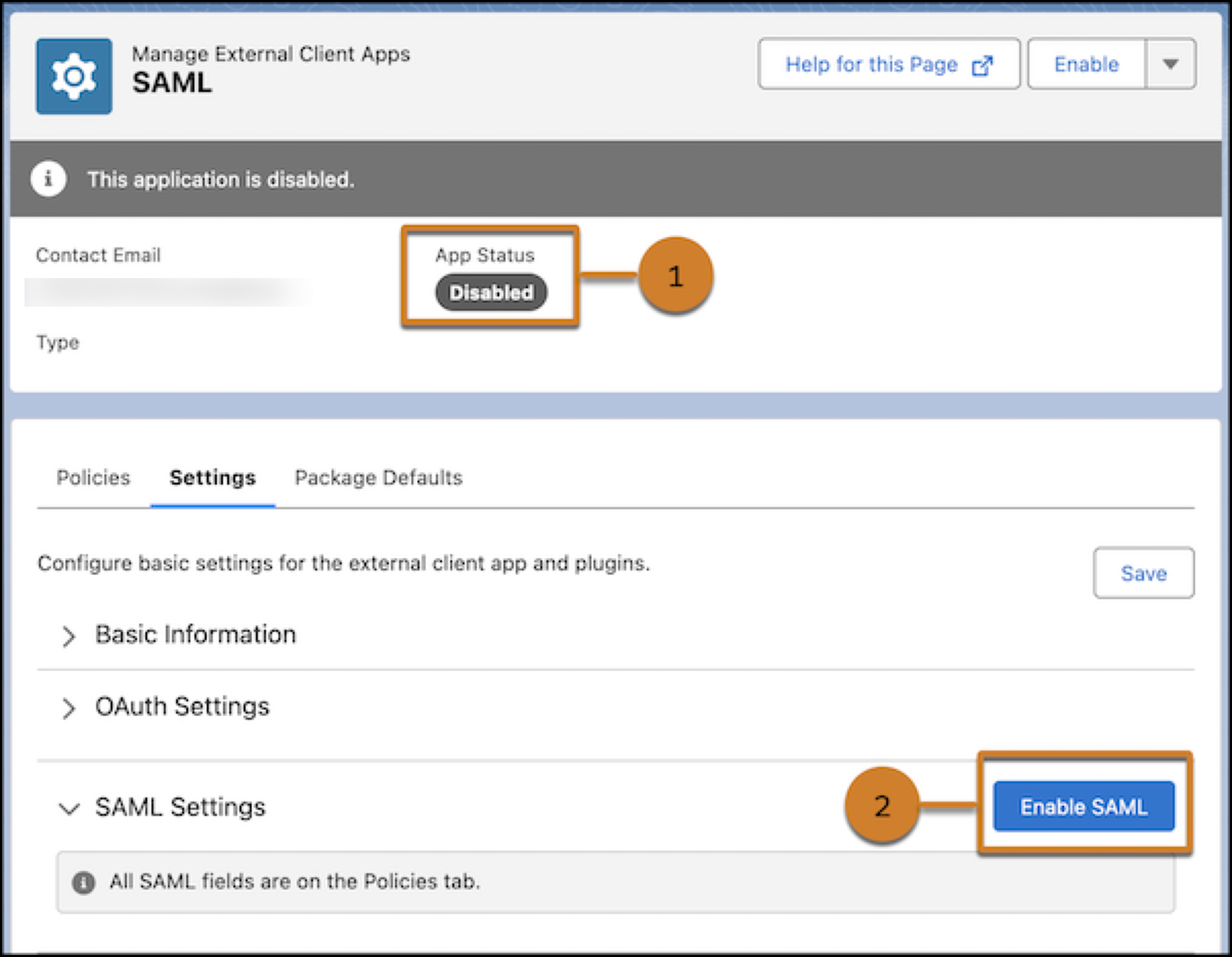 External Client App SAML Provider page showing Disabled status (1) and Enable SAML button (2)