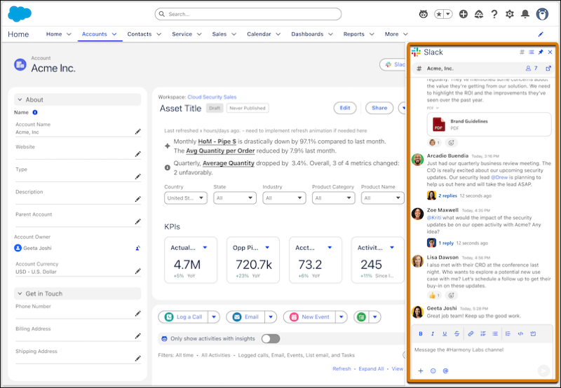 A Salesforce record page showing the Slack panel