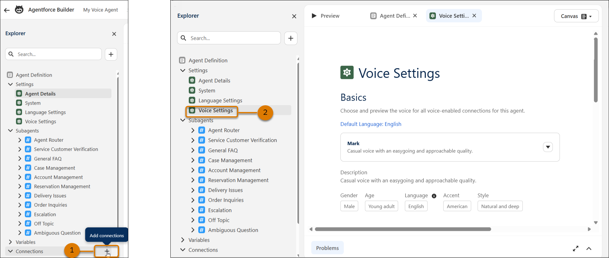 two screenshots: one showing explorer with the plus sign highlighted for adding a connection and the second showing the voice settings page.