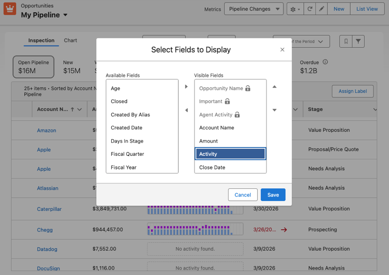 The Select Fields to Display window in Pipeline Inspection, with Activity selected as a visible field.