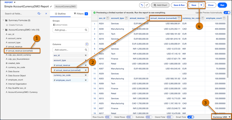 Multicurrency reporting in Data 360 reports