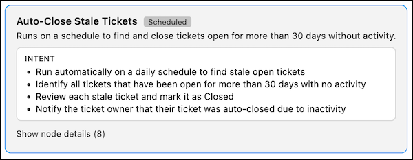 The Flow Author chat panel displays intent information with four items summarizing a scheduled daily flow.