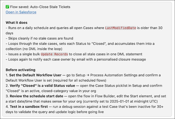 The Flow Author chat panel shows the results of a successful flow deployment.