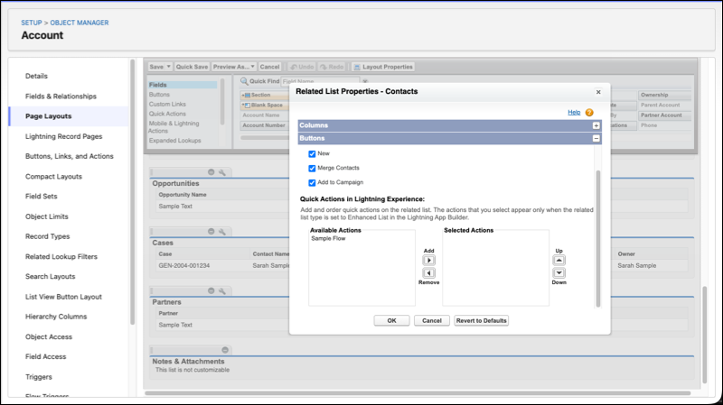 The properties menu for the Contacts related list in the Account object