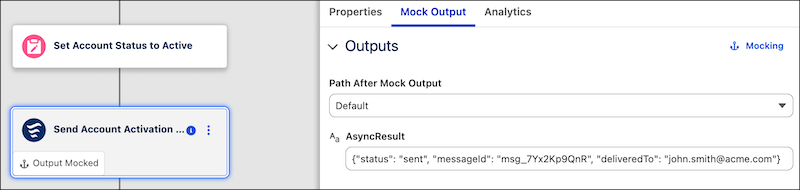 Action element properties panel in Test Mode, with the Scenario Output tab selected and an output field showing a JSON value.