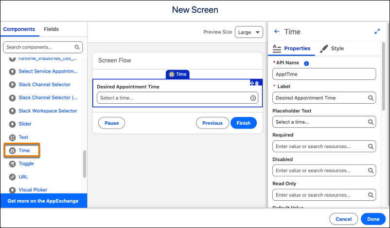 Screen Flow builder showing the Time component