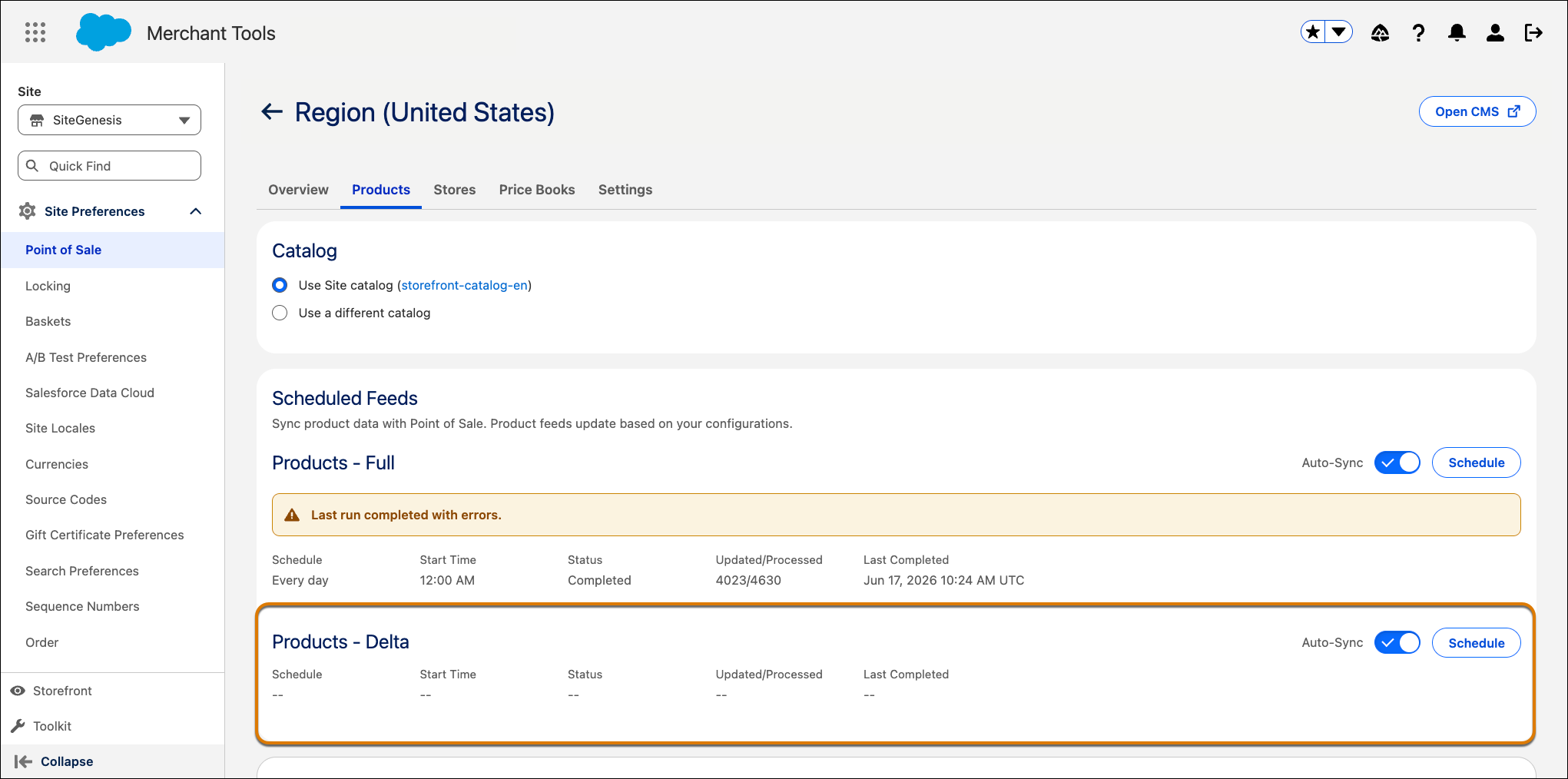 Delta Feed section with Auto-Sync turned on and the schedule configured