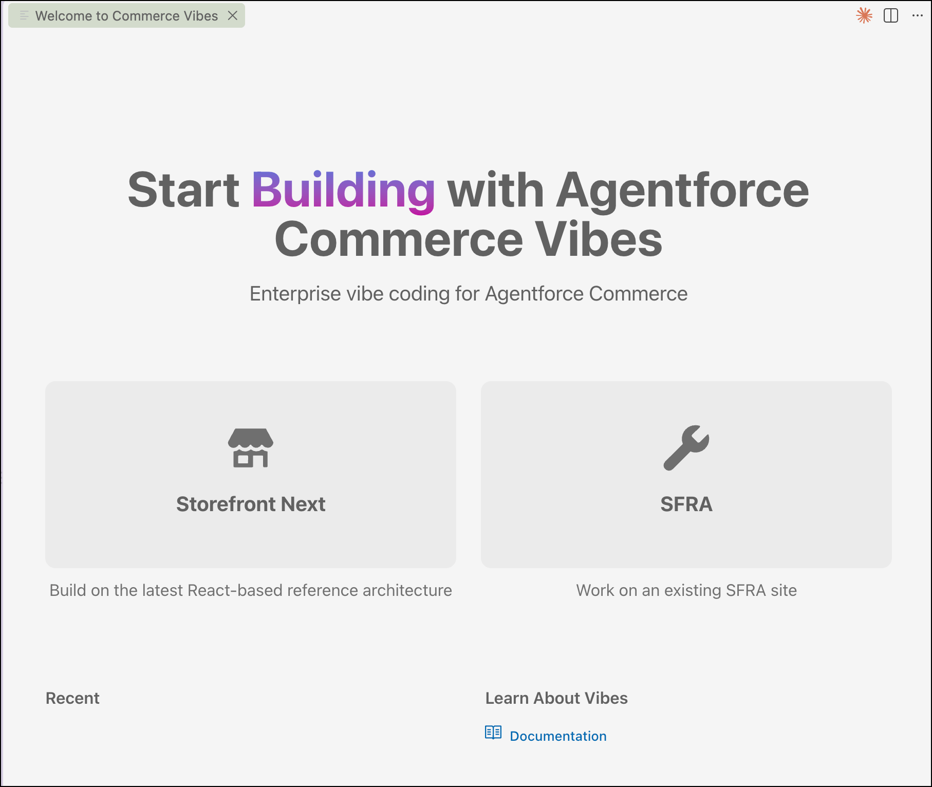 Welcome page of Commerce Vibes offering options to create a storefront