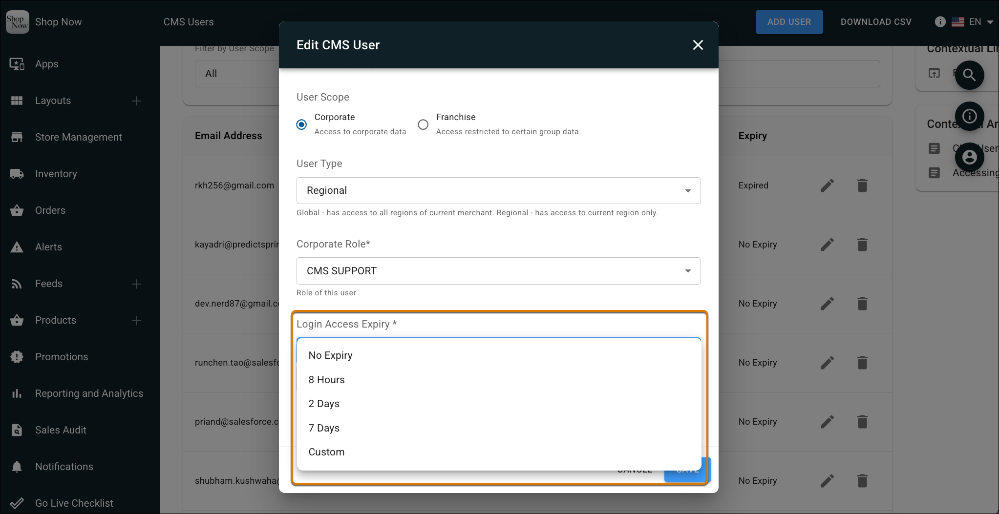 Login Access Expiry field for a CMS user in Point of Sale CMS.