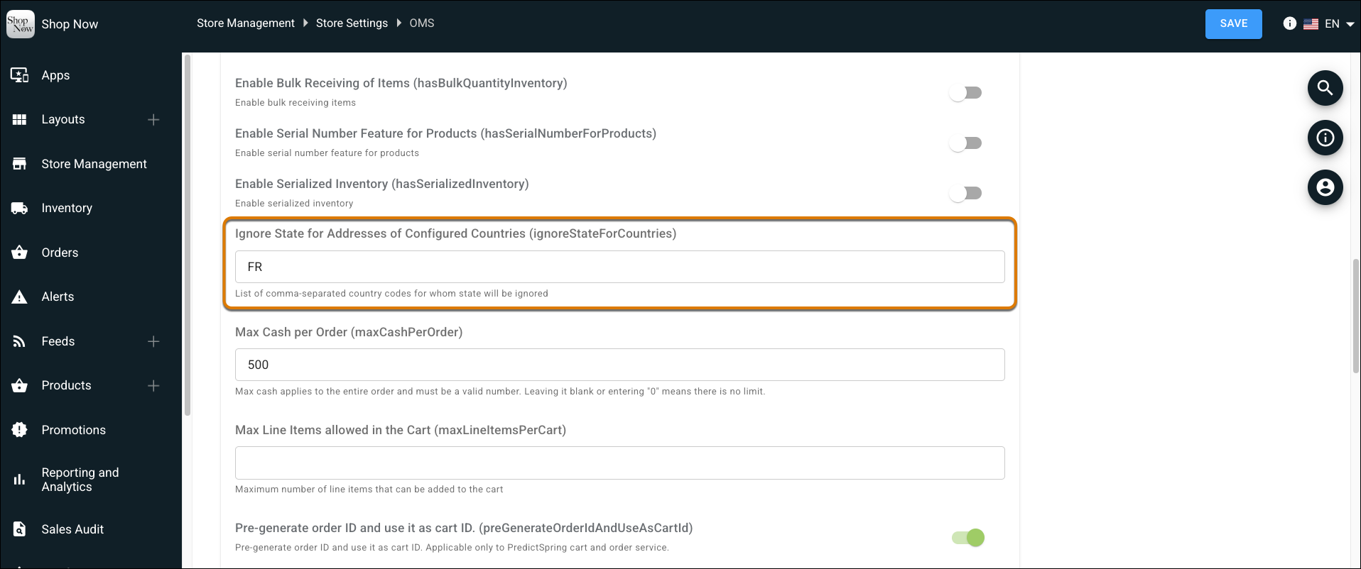Ignore State for Addresses of Configured Countries field in Point of Sale CMS