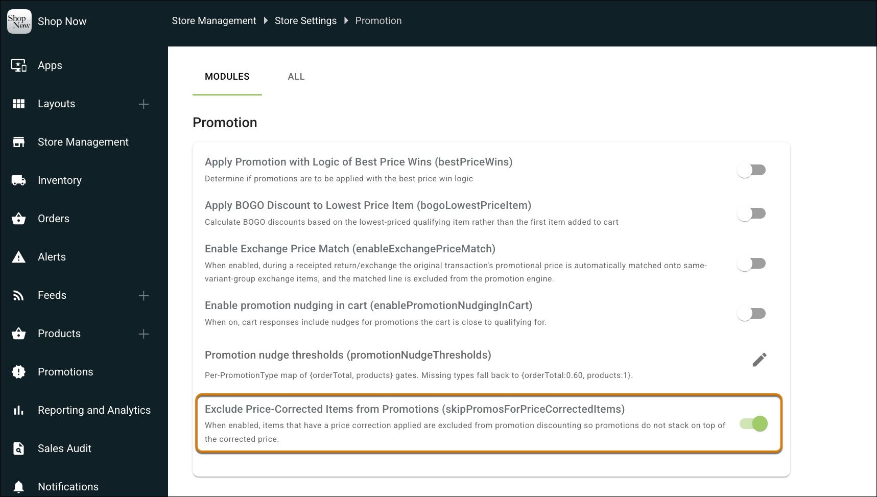 Exclude Price-Corrected Items from Promotions setting in Point of Sale CMS