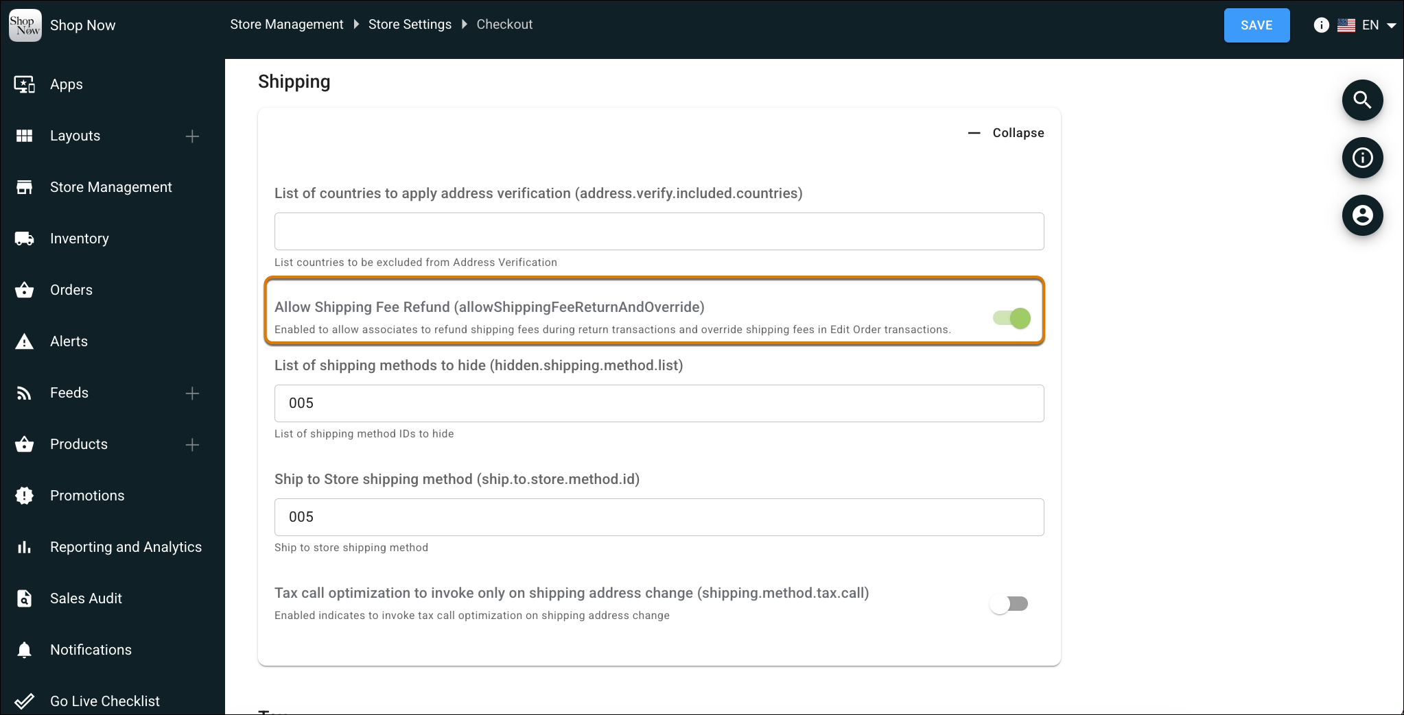 Allow Shipping Fee Refund setting in Point of Sale CMS
